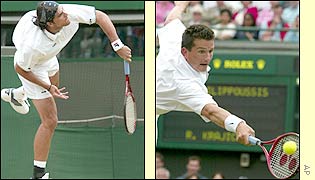 Philippoussis fires another thunderbolt towards Krajicek, who stretches for a backhand return