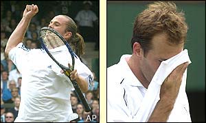 Xavier Malisse (left) beats Greg Rusedski in five sets