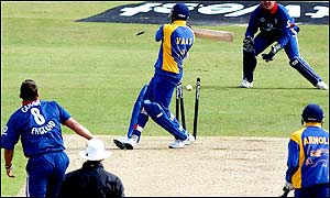 Darren Gough clean bowls Sri Lanka's Chaminda Vaas at the end of their innings