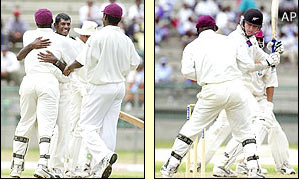 West Indies' bowler Mahendra Nagamootoo takes the wicket of New Zealand's Mark Richardson