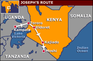 The route Joseph will take through Kenya