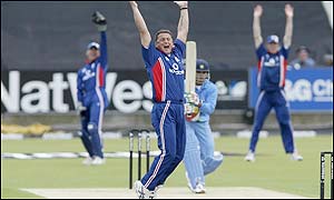 England's Darren Gough celebrates claiming the wicket of Sourav Ganguly lbw