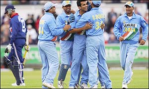 England's Marcus Trescothick leaves the field after beng dismissed lbw by Zaheer Khan