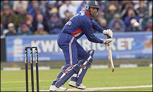 England captain Nasser Hussain plays a ball to the off side