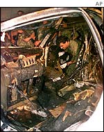 The wreckage of an explosion in which a Palestinian militant was killed