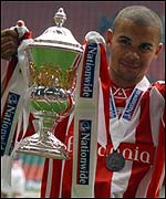 Deon Burton celebrates Stoke's Division Two play-off win over Brentford last season