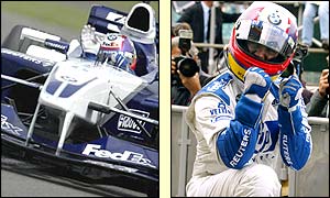 Montoya celebrates at the end of the session having taken pole position away from Ferrari's Rubens Barrichello at the death