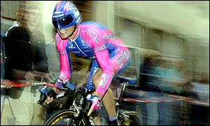 Lampre rider Raimondas Rumsas is three seconds off lthe leading time of Lance Armstrong
