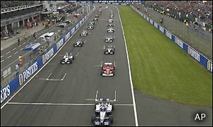 Juan Pablo Montoya led from off from pole position at the start in his BMW Williams 