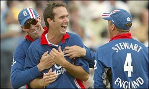 Michael Vaughan celebrates claiming the wicket of Sri Lanka's Chaminda Vaas
