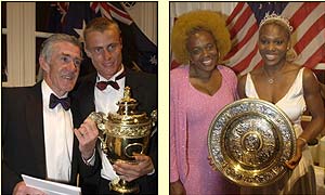 Hewitt meets Ken Rosewall (left) whilst Serena Williams and her mother have the trophy