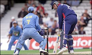 Marcus Trescothick is bowled by an Anil Kumble delivery