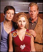 Teri Bauer, played by Leslie Hope, with screen daughter Kim, played by Elisha Cuthbert, and husband Jack, played by Kiefer Sutherland