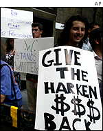 A small group of protesters gather near the Wall Street hotel where President Bush was making a speech to business leaders in New York