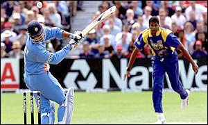 Ganguly tries to avoid the short ball but succeeds in walking straight into it