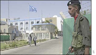 Iraqi soldier stands guard outside UN compound in Baghdad