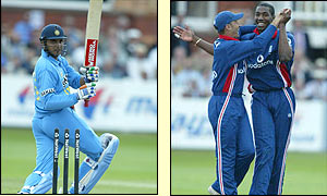 England's Alex Tudor claims the wicket of India's Sourav Ganguly