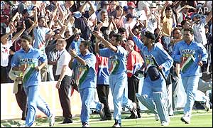 India's captain Sourav Ganguly leads his team in a celebration pitch tour