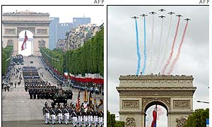 Soldiers parade down the Champs Elysees