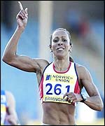 Kelly Holmes celebrates her triumph