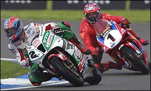 Colin Edwards leads Troy Bayliss in the Silverstone World Superbike race this year