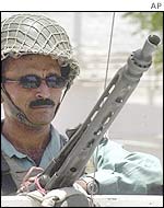 Pakistani soldier stands guard in Hyderabad