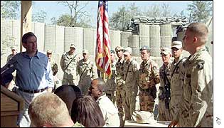 US Deputy Defence Secretary Paul Wolfowitz (left) meets US soldiers at the Bagram air base in Afghanistan