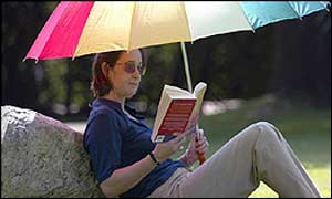 Woman in sunglasses with sun umbrella