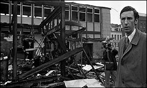 David Howell, Under-Secretary for Northern Ireland, at the devastated Oxford Street bus station