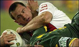 Paul Sculthorpe finds the going tough against Australia