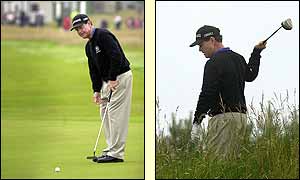 Tom Watson's putt falls short and he searches for his ball in the thick rough