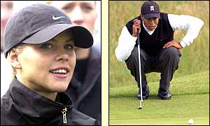 Tiger's girlfriend Elin Nordegren looks on as Tiger lines up a putt 