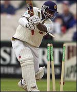 Jaysuriya is bowled by England's Matthew Hoggard