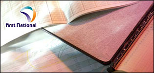 First National Bank logo over image of papers