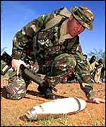 Corporal Phil Johnys inspects an exploded 105mm shell, Samburu district, 2000