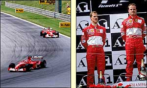 Schumacher allowed runner-up Rubens Barrichello to stand on top of the podium after the cynical ploy from Ferrari to guarantee a win for Schumacher