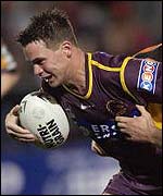 Brisbane's Shaun Berrigan heads for the try line 