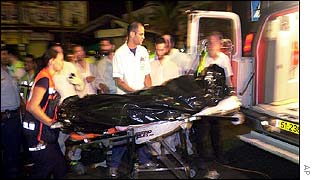 A victim is stretchered away after an attack in Tel Aviv