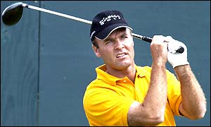 Thomas Levet watches his tee shot at the 17th