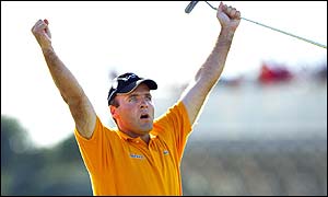 Frenchman Thomas Levet celebrates a birdie during the play-off