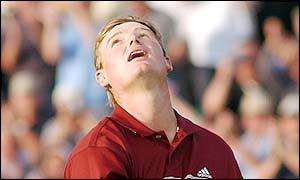 Els' relief is plain to see after his third putt for victory finally goes down