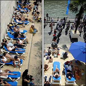 People sunbathe by the river
