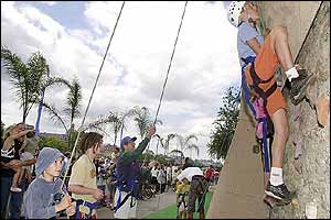 People go rock-climbing on the Seine River banks 
