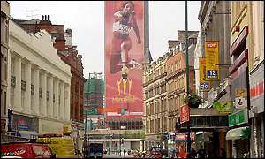 One of the Commonwealth Games banners towers over the city centre