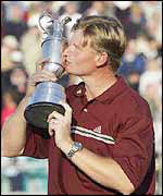 Ernie Els kisses the Open trophy after winning at Muirfield