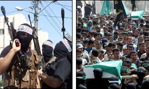  Members of the al-Aqsa Martyrs Brigade (l) and the funeral procession (r) ( Photos: AFP)