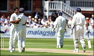 India's Zaheer Khan celebrates taking the wicket of England opener Michael Vaughan
