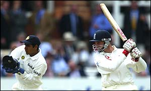 John Crawley in action on his way to 64 against India at Lord's