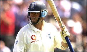 Nasser Hussain leaves the field after scoring his highest ever score against India, 155