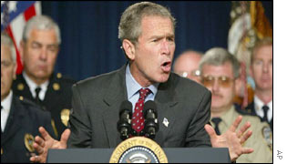 US President George W. Bush delivers his warning at a speech at the Eisenhower Executive Office Building in Washington